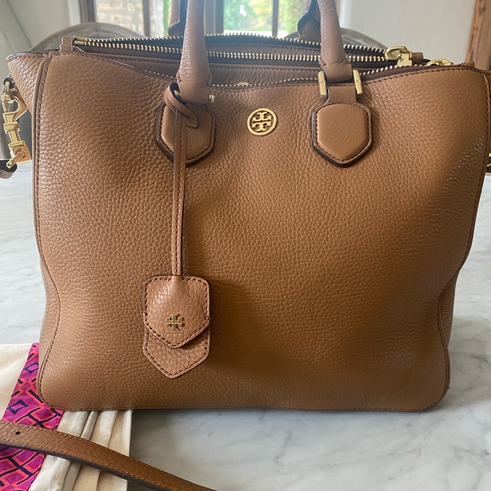 Tory Burch Robinson Pebbled Square Tigers Eye Tote Dust Bag Included